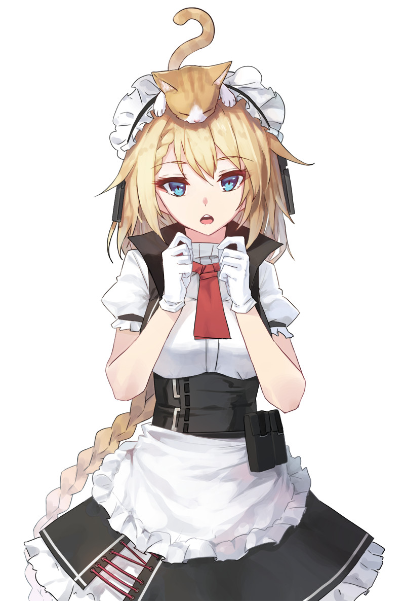 animal_on_head apron bangs black_skirt blonde_hair blue_eyes braid cat cat_on_head cowboy_shot eyebrows_visible_through_hair g36_(girls_frontline) girls_frontline gloves hands_up long_hair looking_at_viewer maid_headdress mixed-language_commentary on_head open_mouth pouch puffy_short_sleeves puffy_sleeves red_neckwear shirt short_sleeves skirt standing vikpie white_gloves white_shirt