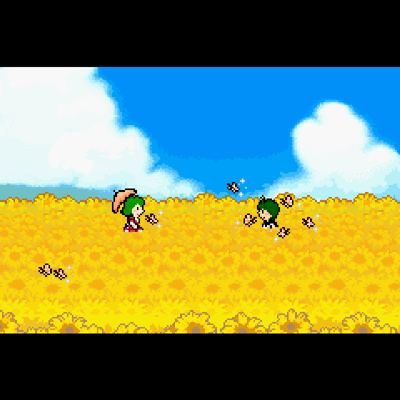 2girls antennae brown_hair bug butterfly clouds commentary dress flower garden_of_the_sun green_hair insect kazami_yuuka letterboxed looking_at_another minadukib mother_(game) mother_3 multiple_girls parody pixel_art red_dress short_hair spoilers sunflower touhou wriggle_nightbug