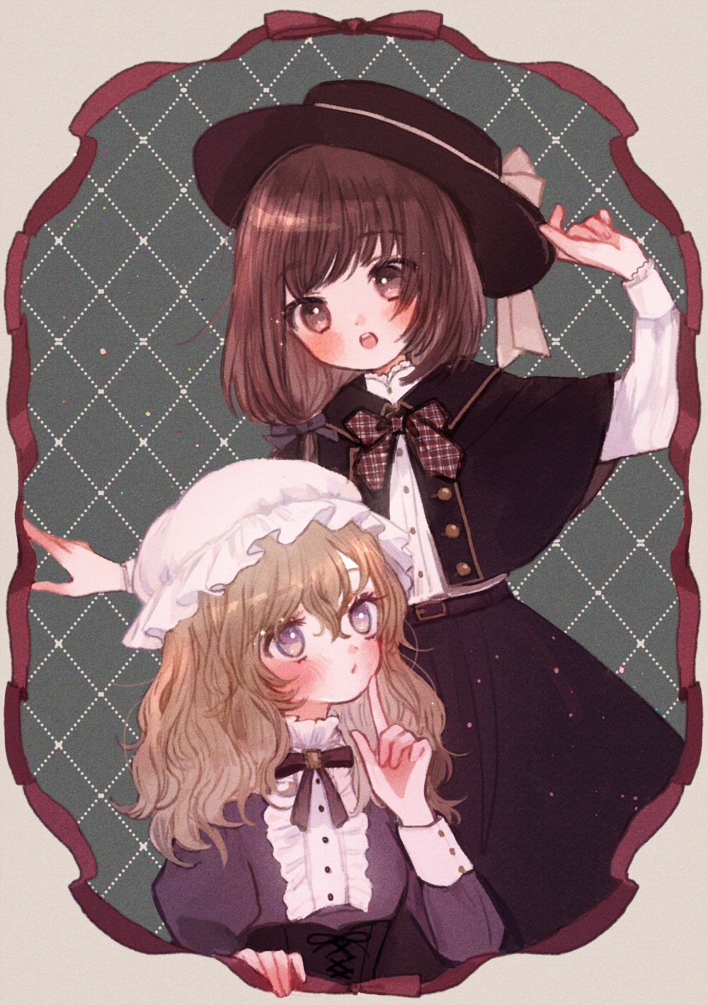 2girls arms_up bangs belt black_bow black_capelet black_headwear black_skirt blonde_hair blush bow bowtie breasts brown_belt brown_bow brown_bowtie brown_eyes brown_hair buttons capelet closed_mouth collar dress eyebrows_visible_through_hair green_background grey_background hair_between_eyes hair_bow hand_up hands_up hat hat_bow highres juliet_sleeves long_sleeves looking_at_another looking_down looking_up maribel_hearn medium_breasts medium_hair mob_cap multiple_girls open_mouth plaid plaid_bow puffy_sleeves purple_dress purple_sleeves shirt short_hair skirt standing teeth tongue touhou usami_renko violet_eyes white_bow white_headwear white_shirt white_sleeves yujup