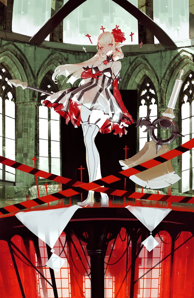1girl amelia_alter_(mahou_arms) axe bangs bare_shoulders breasts closed_mouth cross dress elbow_gloves flower full_body gloves hair_flower hair_ornament highres holding indoors long_hair looking_at_viewer mahou_arms medium_breasts oversized_object pointy_ears red_eyes red_flower red_gloves saimon_ma shoes solo standing striped symbol-shaped_pupils thigh-highs vertical_stripes weapon white_dress white_hair white_legwear zettai_ryouiki
