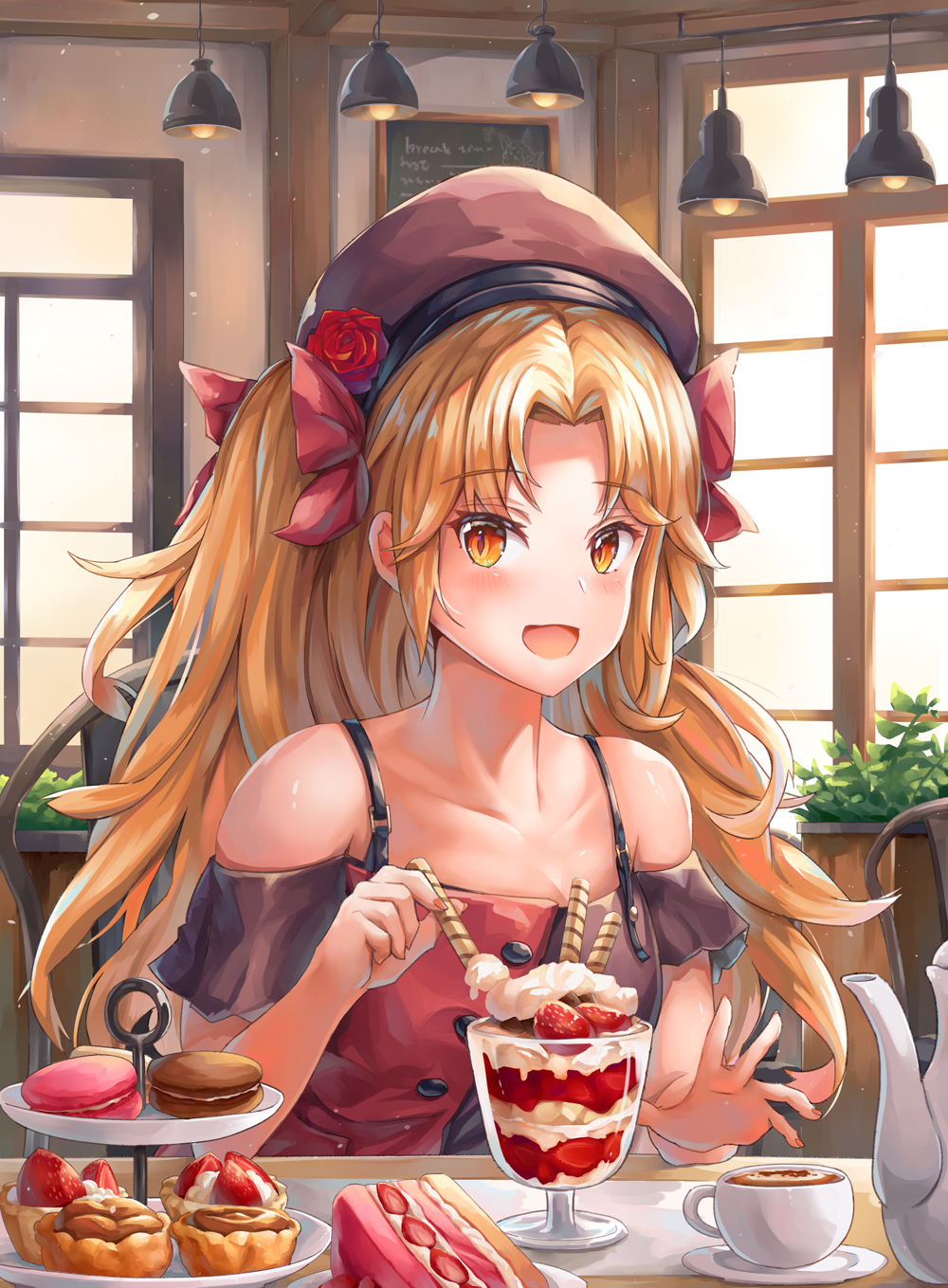 1girl :d bare_shoulders black_dress black_headwear blonde_hair blush cake chair collarbone cup dress ereshkigal_(fate/grand_order) eyebrows_visible_through_hair fate/grand_order fate_(series) flower food hat hat_flower highres ice_cream jiang_shennong long_hair open_mouth orange_eyes pov_dating red_dress red_flower red_rose restaurant rose smile solo spaghetti_strap teacup teapot two-tone_dress upper_body