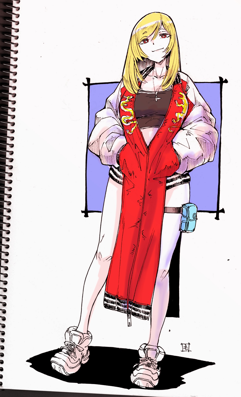 1girl blonde_hair brown_eyes chinese_clothes eyebrows_visible_through_hair hands_in_pockets highres ink_(medium) jacket matutoya original photo shoes sneakers solo traditional_media