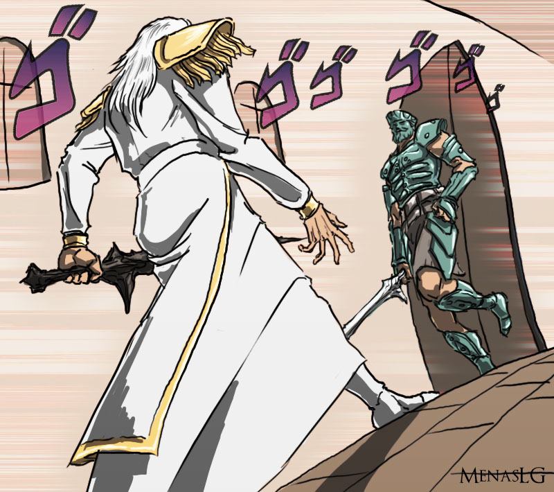 2boys armor arms_at_sides artist_name breastplate confrontation demon's_souls duel faceoff facing_away faulds full_armor full_body gauntlets gold_trim greaves hand_on_hip helm helmet holding holding_sword holding_weapon jojo_no_kimyou_na_bouken looking_at_another male_focus meme menacing_(jojo) menaslg multiple_boys oh?_you're_approaching_me? old_king_allant old_king_doran onomatopoeia open_hand parody pauldrons shoulder_armor souls_(from_software) stardust_crusaders sword walking weapon white_footwear white_robe window