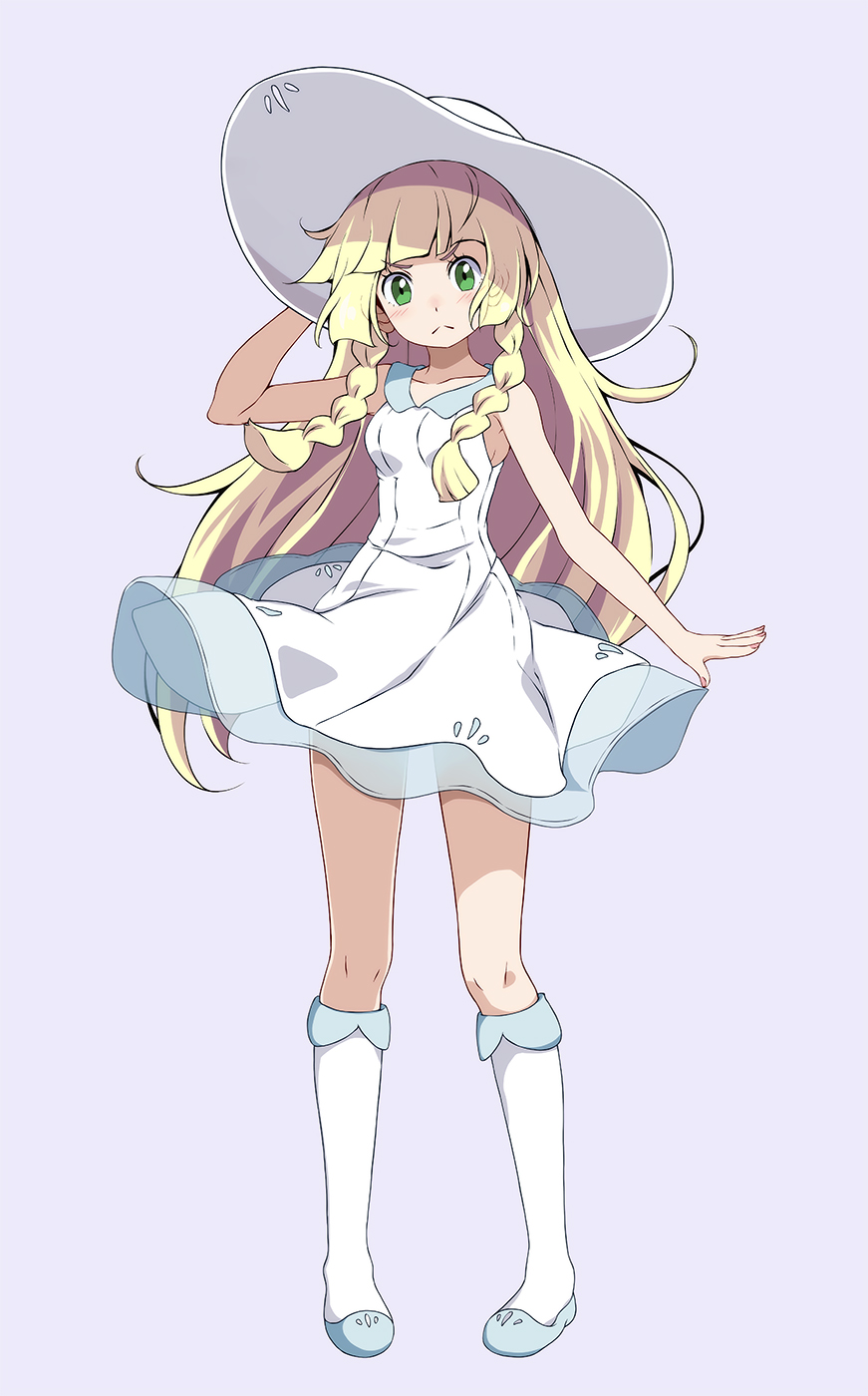 1girl :&lt; bangs bare_arms bare_shoulders blonde_hair braid closed_mouth commentary dress frown full_body green_eyes hat highres lavender_background lillie_(pokemon) long_hair looking_at_viewer pigeon-toed pokemon pokemon_(game) pokemon_sm simple_background sleeveless sleeveless_dress solo standing sun_hat sundress tsukishiro_saika twin_braids white_dress white_footwear white_headwear