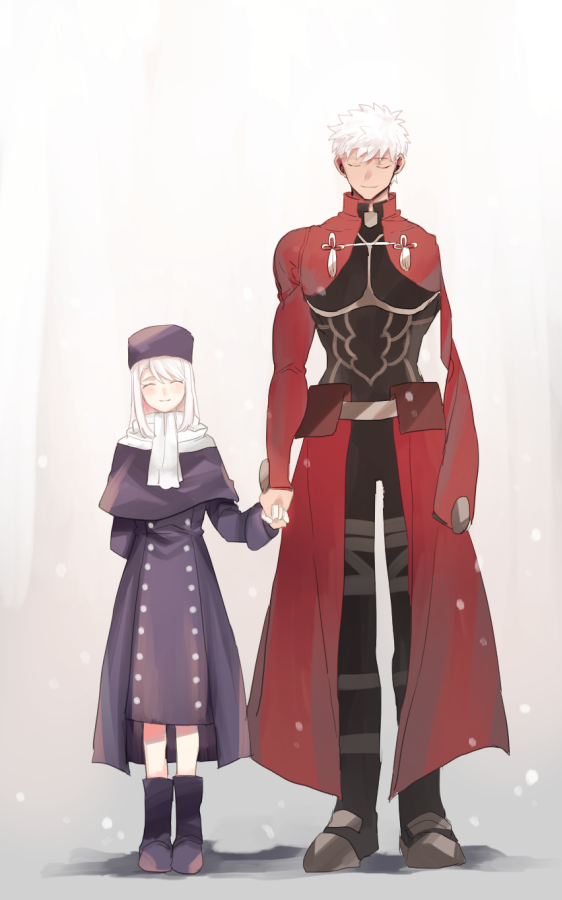 1boy 1girl amputee archer armor bangs blush boots brother_and_sister buttons capelet closed_eyes coat fate/stay_night fate_(series) full_body gradient gradient_background holding_hands illyasviel_von_einzbern long_sleeves medium_hair missing_limb purple_capelet purple_coat purple_footwear purple_headwear scarf siblings sidelocks size_difference smile takashi_(onikukku) tassel waist_cape white_hair white_neckwear white_scarf winter_clothes