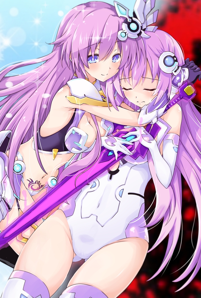 2girls breasts covered_navel dual_persona eyebrows_visible_through_hair hair_between_eyes hair_ornament iwasi-r leotard long_hair looking_at_another medium_breasts multiple_girls nepnep_connect:_chaos_chanpuru neptune_(series) power_symbol pubic_tattoo purple_sister purple_sister_(chaos_form) tattoo very_long_hair