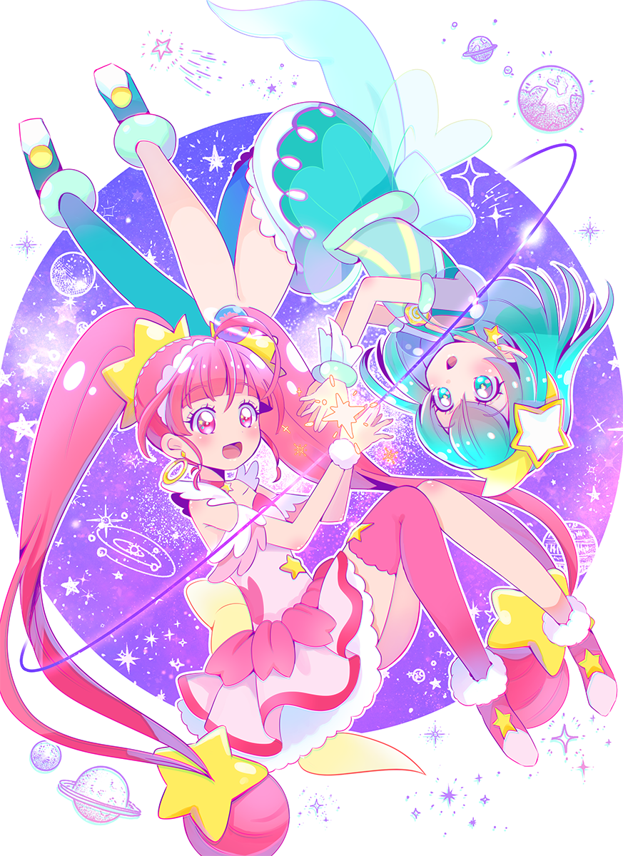 2girls ahoge asymmetrical_legwear bangs blue_hair blue_legwear choker collarbone cure_milky cure_star earrings eyebrows_visible_through_hair floating_hair full_body highres jewelry juugoya_neko long_hair multiple_girls open_mouth pink_eyes pink_hair pink_legwear precure red_choker shiny shiny_hair single_leg_pantyhose star_twinkle_precure thigh-highs white_background wrist_cuffs