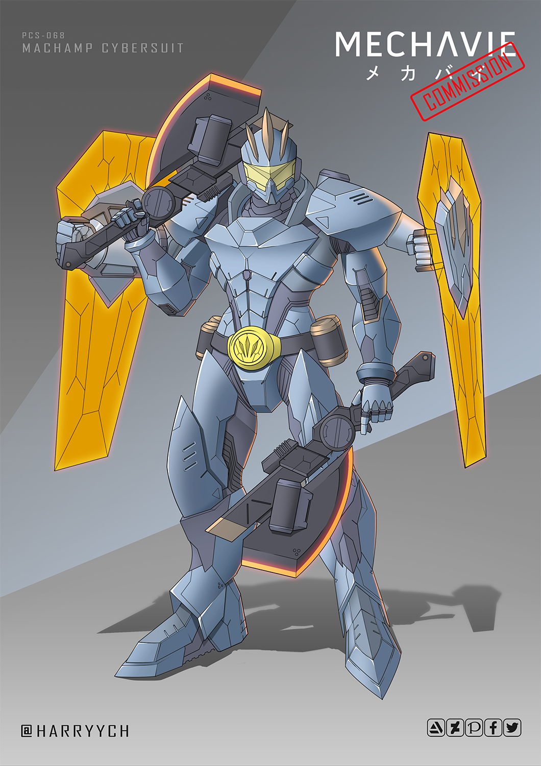 armor artist_name axe character_name commission dual_wielding energy_shield english_commentary exoskeleton extra_arms gen_1_pokemon harryych highres holding holding_axe machamp mechanization over_shoulder pokemon power_armor science_fiction solo standing visor