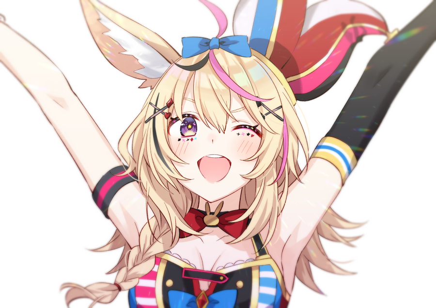 1girl ;d animal_ear_fluff animal_ears arm_strap armpits arms_up bangs bare_shoulders black_hair blonde_hair blue_bow blush bow braid breasts elbow_gloves eyebrows_visible_through_hair fox_ears fox_girl gloves hair_between_eyes hair_bow hair_ornament hat heart hololive jester_cap long_hair medium_breasts multicolored_hair omaru_polka one_eye_closed open_mouth pink_hair red_neckwear side_braid sidelocks single_elbow_glove smile solo spade_(shape) star_(symbol) star_in_eye streaked_hair symbol_in_eye tomari_(veryberry00) violet_eyes virtual_youtuber