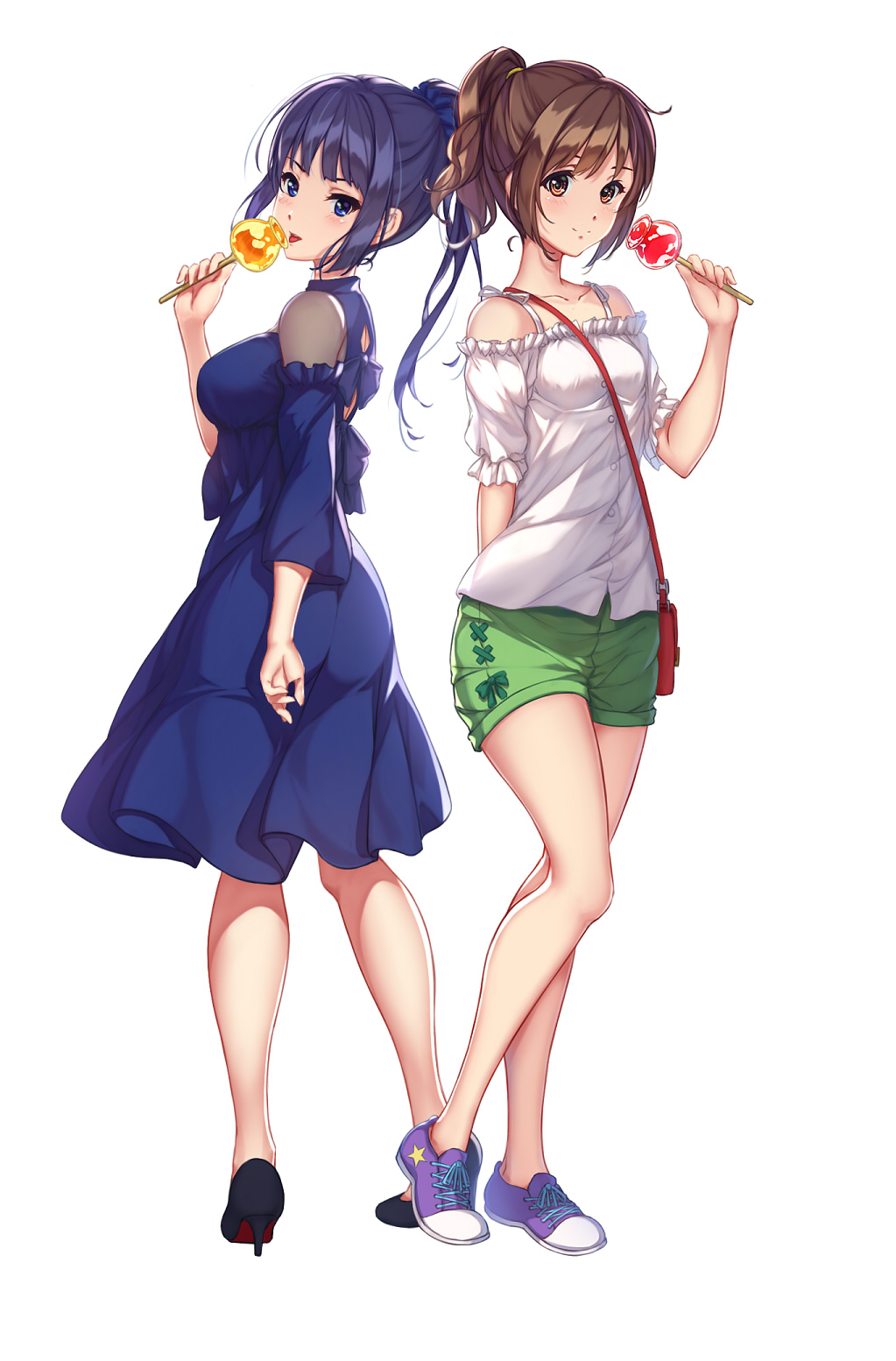 2girls :p alternate_costume alternate_hairstyle arm_behind_back ass bag bangs bare_legs bare_shoulders black_footwear blue_dress blue_eyes blunt_bangs blush breasts brown_eyes brown_hair candy_apple casual closed_mouth collarbone domino_mask dress food frilled_sleeves frills full_body green_shorts handbag hibike!_euphonium high_heels highres holding holding_food kousaka_reina kurenaiz long_hair long_sleeves mask medium_breasts multiple_girls oumae_kumiko parted_lips ponytail purple_footwear purple_hair shirt short_shorts short_sleeves shorts shoulder_bag sidelocks simple_background small_breasts standing star_(symbol) tongue tongue_out v-shaped_eyebrows white_background white_shirt