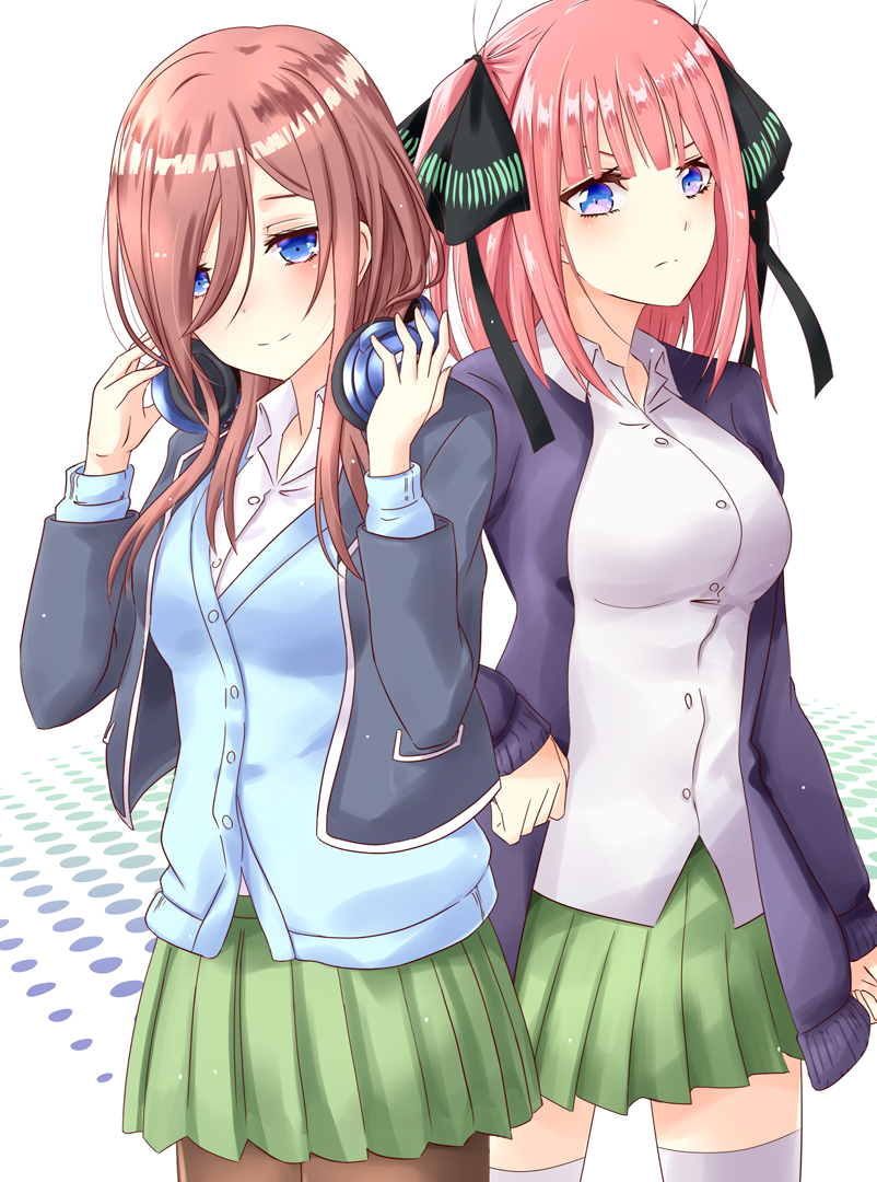 2girls black_legwear blue_cardigan blue_eyes blue_jacket breasts brown_hair cardigan closed_mouth collared_shirt facing_viewer go-toubun_no_hanayome green_skirt gudon_(iukhzl) hair_between_eyes hair_down hair_ribbon headphones headphones_around_neck jacket large_breasts long_hair long_sleeves looking_at_viewer medium_breasts multiple_girls nakano_miku nakano_nino pantyhose pink_hair pleated_skirt purple_jacket redhead ribbon school_uniform shirt simple_background skirt standing thigh-highs violet_eyes white_background white_legwear white_shirt