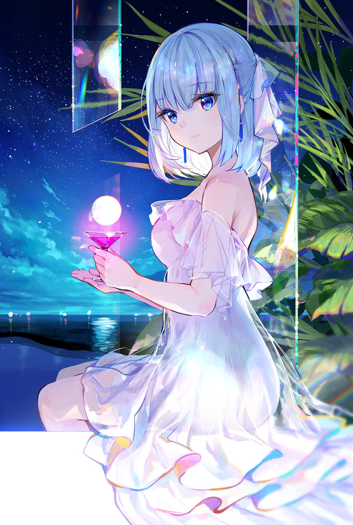 1girl blue_eyes blue_hair closed_mouth clouds cocktail cocktail_glass cup dress drinking_glass eyebrows_visible_through_hair frilled_dress frills fuji_choko highres holding leaf looking_at_viewer night night_sky ocean original outdoors plant short_hair sitting sky smile solo star_(sky) starry_sky strapless strapless_dress white_dress