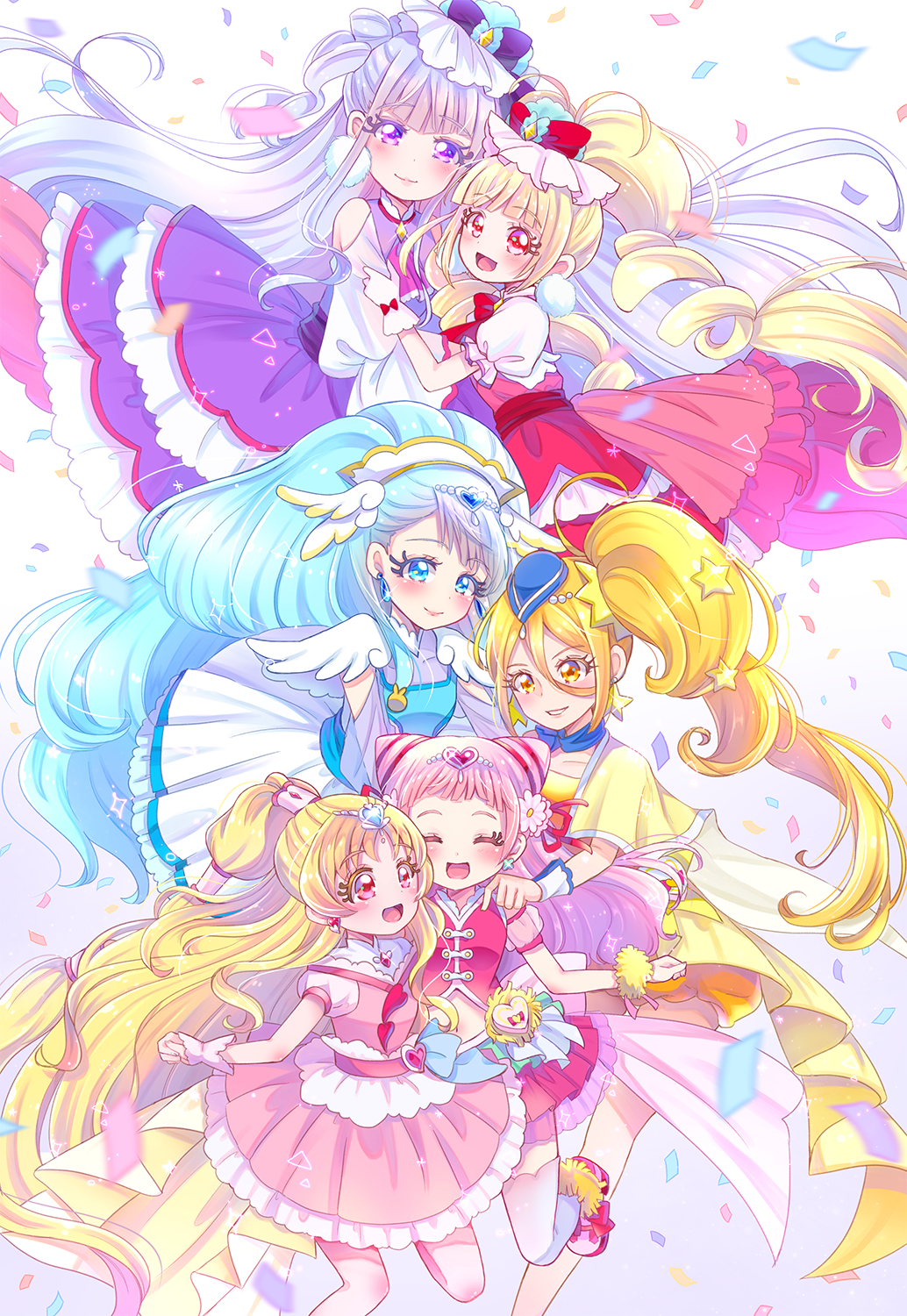6+girls :d blonde_hair blue_eyes blue_hair blue_headwear bow closed_eyes closed_mouth cure_amour cure_ange cure_etoile cure_macherie cure_tomorrow cure_yell dress earrings floating_hair grin hair_between_eyes hair_bow hair_ornament hat highres hugtto!_precure index_finger_raised jewelry juugoya_neko layered_dress long_dress long_hair makeup mascara midriff mini_hat miniskirt multiple_girls open_mouth pink_hair pleated_skirt precure purple_bow purple_dress red_bow red_dress red_eyes red_skirt see-through short_sleeves side_ponytail silver_hair skirt smile star_(symbol) star_earrings star_hair_ornament stomach thigh-highs twintails very_long_hair violet_eyes white_background white_dress white_legwear wrist_cuffs yellow_eyes
