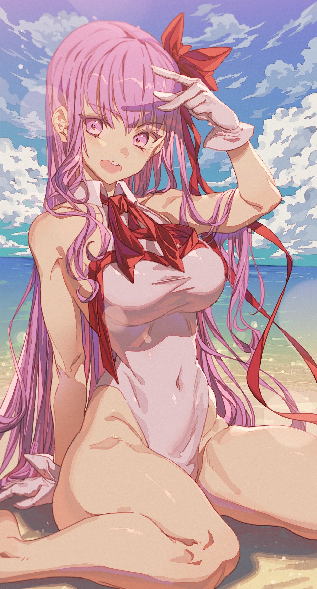 1girl bangs bare_shoulders bb_(fate)_(all) bb_(swimsuit_mooncancer)_(fate) beach blue_sky blush breasts clouds cloudy_sky covered_navel fate/grand_order fate_(series) gloves hair_ribbon highleg highleg_leotard highres hong large_breasts leotard long_hair looking_at_viewer neck_ribbon ocean open_mouth purple_hair red_ribbon ribbon shore sitting sky smile thighs very_long_hair violet_eyes wariza water white_gloves white_leotard