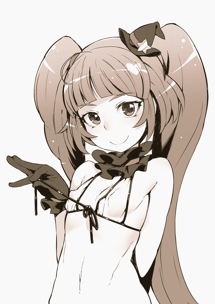 1girl ahoge bangs bikini blunt_bangs brown_theme closed_mouth covered_nipples flat_chest gloves izayoi_liko long_hair looking_at_viewer mahou_girls_precure! monochrome navel petite precure pulled_by_self simple_background smile solo strap_pull swimsuit tasaka_shinnosuke twintails upper_body white_background