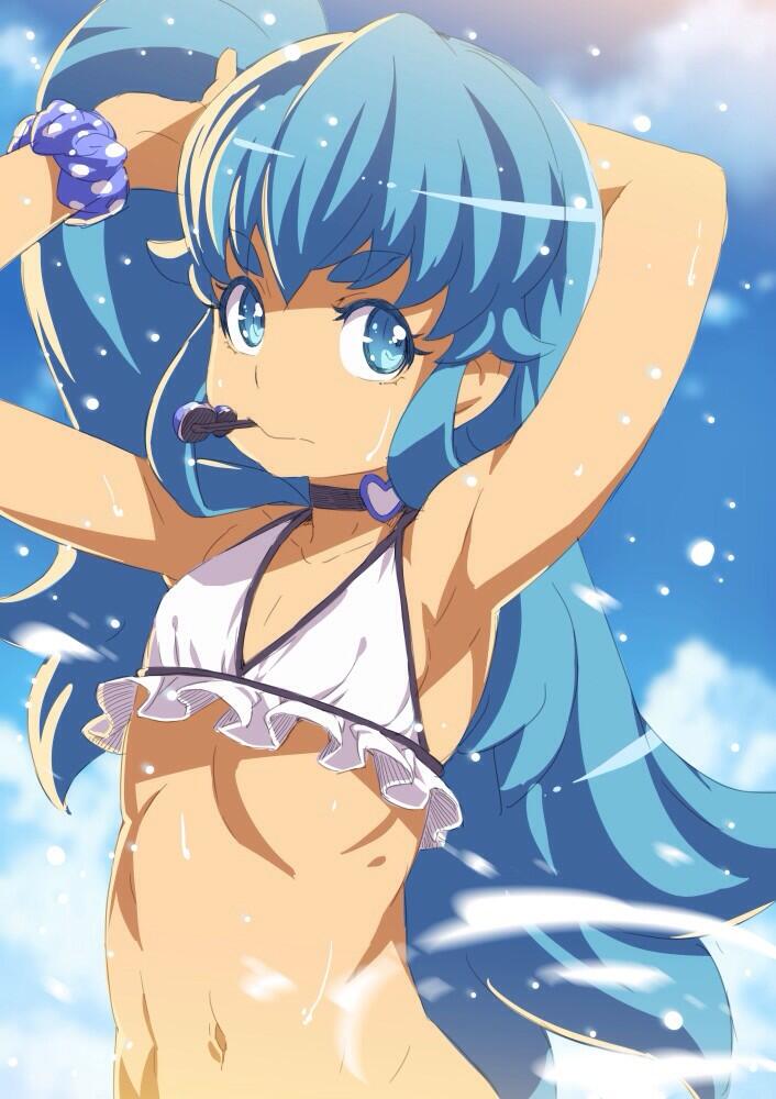 1girl armpits bikini blue_hair blue_sky choker closed_mouth cure_princess day flat_chest hands_up happinesscharge_precure! heart heart_choker long_hair looking_at_viewer mouth_hold navel one_side_up outdoors precure shirayuki_hime sky solo swimsuit tasaka_shinnosuke thick_eyebrows tying_hair upper_body white_bikini