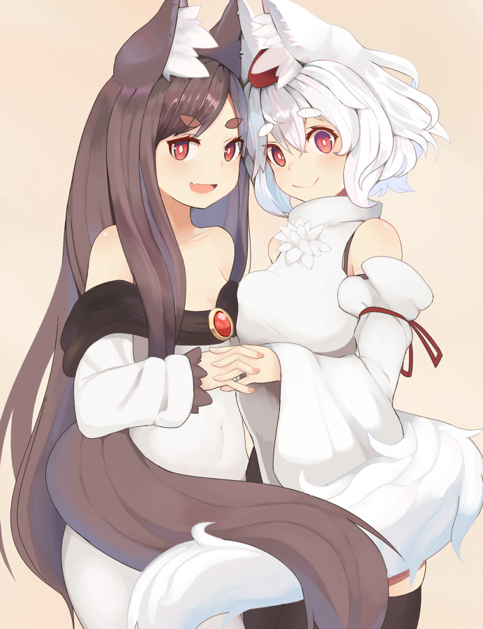 1_mutsuki 2girls animal_ear_fluff animal_ears bare_shoulders beige_background breasts bright_pupils brooch brown_hair detached_sleeves dress eyebrows_visible_through_hair fang fingernails hat holding_hands imaizumi_kagerou interlocked_fingers inubashiri_momiji jewelry large_breasts long_hair looking_at_viewer multiple_girls pom_pom_(clothes) red_eyes red_headwear simple_background skin_fang smile standing tail thick_eyebrows tokin_hat touhou white_dress white_hair wide_sleeves wolf_ears wolf_tail