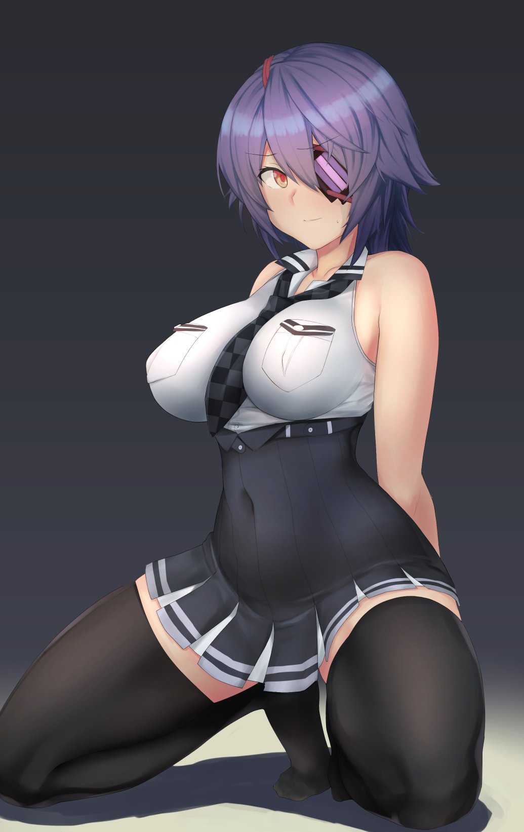1girl black_background black_legwear black_skirt breasts checkered checkered_neckwear dress_shirt eyepatch gradient gradient_background highres kantai_collection kneeling large_breasts looking_at_viewer moose_(moosemitchell2) necktie pleated_skirt purple_hair remodel_(kantai_collection) shirt short_hair skirt sleeveless sleeveless_shirt solo tenryuu_(kantai_collection) thigh-highs white_shirt yellow_eyes