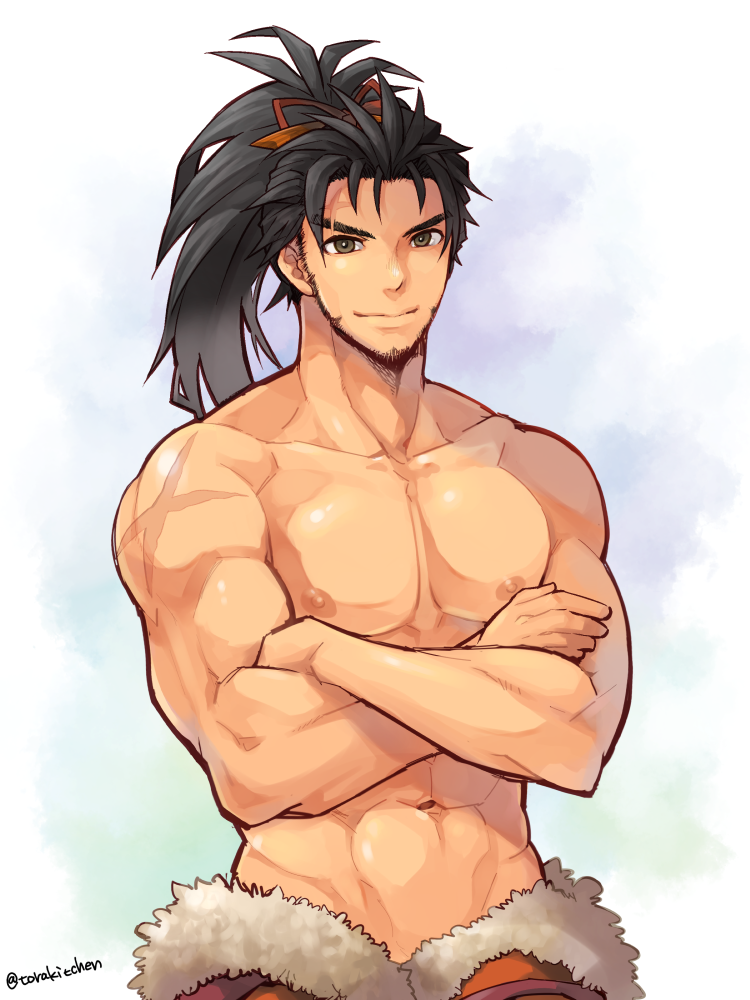 1boy abs artist_name bangs black_hair brown_eyes brown_ribbon chest collarbone commentary_request crossed_arms facial_hair final_fantasy final_fantasy_xiv fur_trim hair_ribbon hien_(ffxiv) looking_at_viewer male_focus muscle navel pectorals ponytail ribbon scar smile solo topless torakichi_(ebitendon) v-shaped_eyebrows