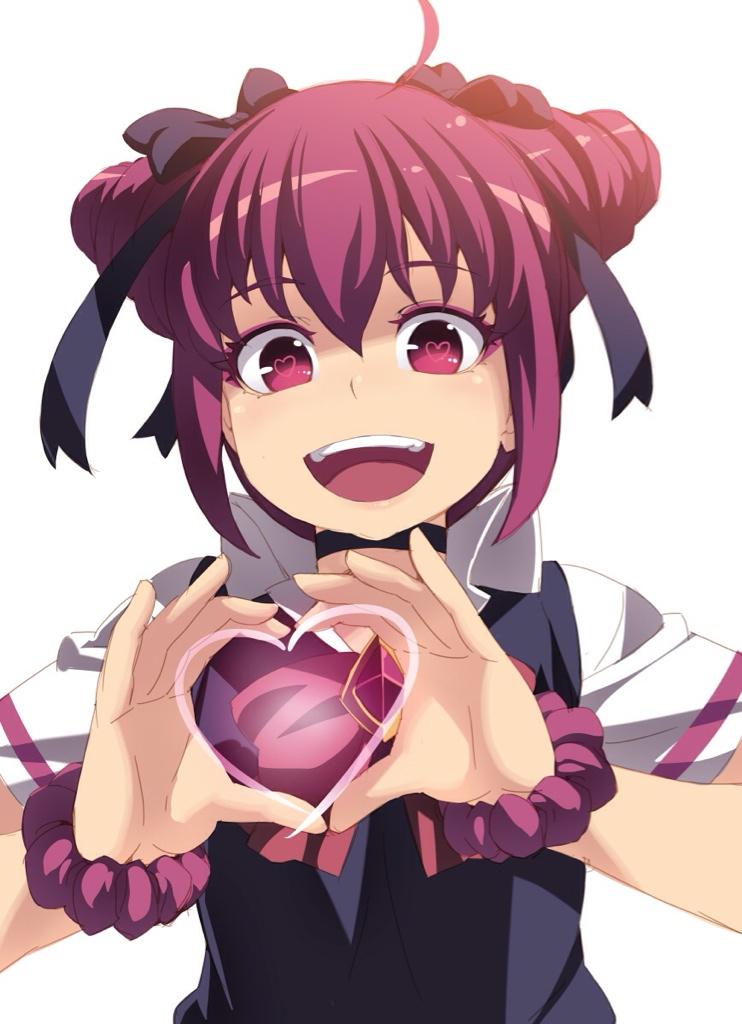 1girl :d bad_end_happy bad_end_precure black_border border double_bun hands_up heart heart-shaped_pupils heart_hands looking_at_viewer open_mouth precure red_eyes redhead scrunchie short_hair short_sleeves simple_background smile smile_precure! solo symbol-shaped_pupils tasaka_shinnosuke white_background wrist_scrunchie