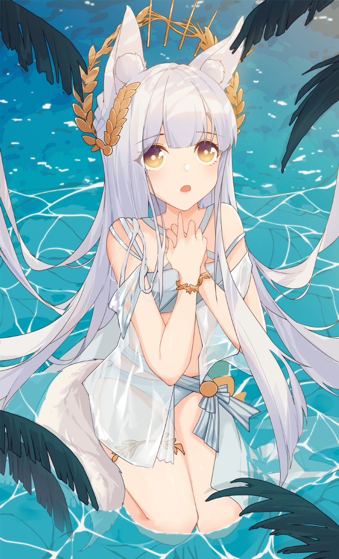 1girl animal_ear_fluff animal_ears arknights bandeau bangs bare_arms bare_shoulders bikini brown_eyes commentary criss-cross_halter grey_bikini halterneck hands_up laurel_crown long_hair looking_at_viewer open_mouth owenhiruno own_hands_together platinum_(arknights) seiza silver_hair sitting solo swimsuit tail thighs very_long_hair water