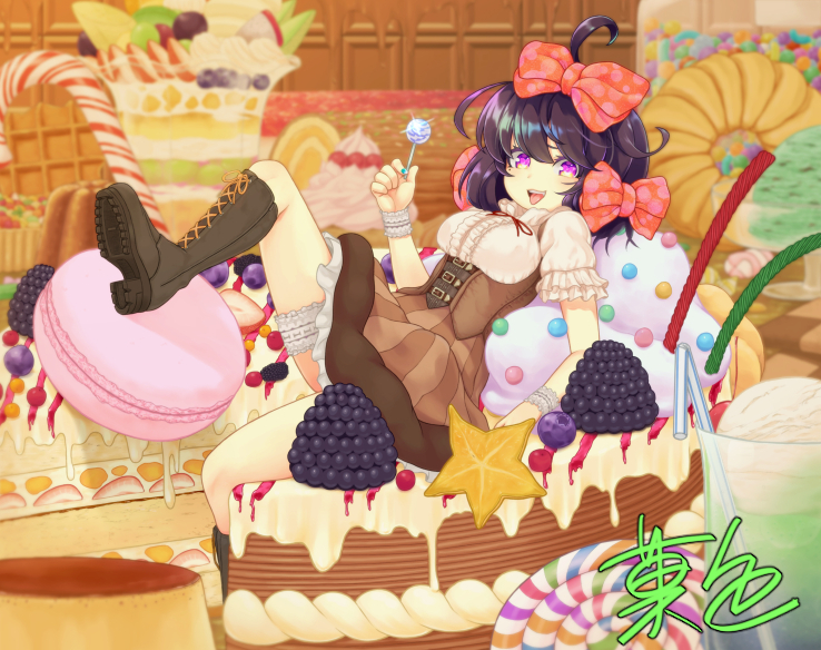 1girl ahoge black_hair boots bow brown_dress cake candy candy_cane commentary_request cross-laced_footwear dessert dress food food_request frilled_sleeves frills hair_bow kashiki_main knee_boots lace-up_boots licorice_(food) lollipop looking_at_viewer open_mouth original puffy_short_sleeves puffy_sleeves shoe_soles short_sleeves sitting smile solo tagme violet_eyes