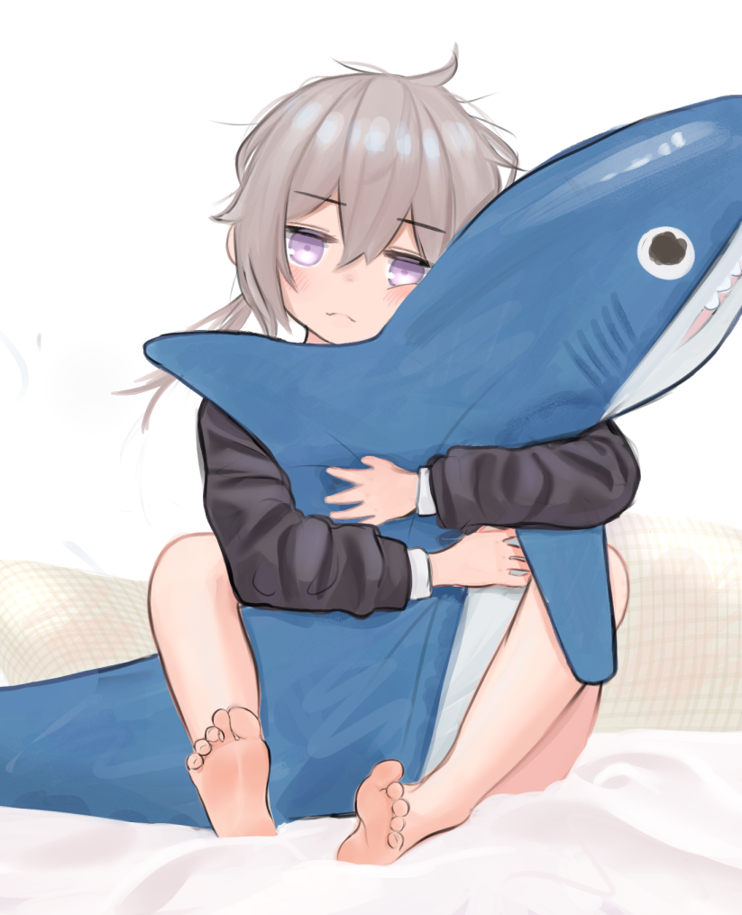 1girl barefoot blush closed_mouth commentary feet girls_frontline grey_hair hawawa ikea_shark looking_at_viewer m200_(girls_frontline) object_hug stuffed_animal stuffed_shark stuffed_toy toes violet_eyes