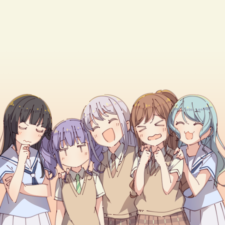 5girls aqua_hair ayasaka bang_dream! black_hair brown_hair grey_hair hanasakigawa_school_uniform hands_on_another's_shoulders haneoka_school_uniform hikawa_sayo imai_lisa long_hair minato_yukina multiple_girls necktie personality_switch ponytail purple_hair roselia_(bang_dream!) school_uniform shirokane_rinko twintails udagawa_ako