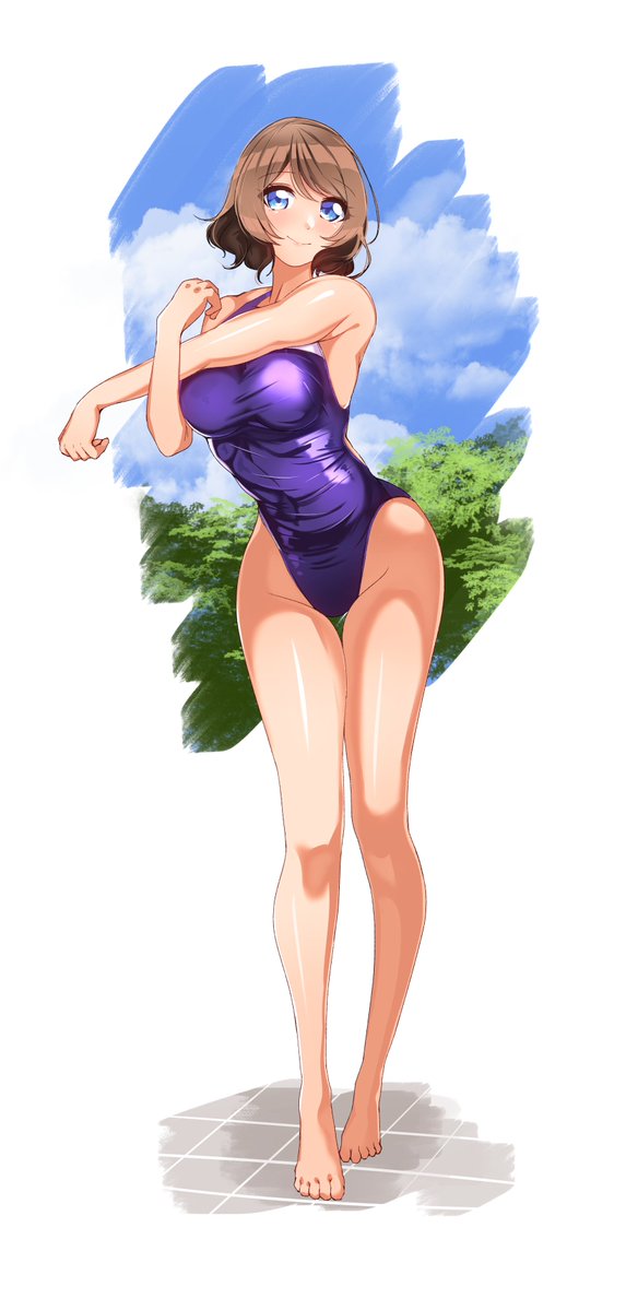 1girl barefoot blue_eyes blue_sky blue_swimsuit brown_eyes clouds commentary_request competition_swimsuit full_body highleg highleg_swimsuit looking_at_viewer love_live! love_live!_sunshine!! one-piece_swimsuit short_hair simple_background sky solo standing stretch swimsuit tile_floor tiles volyz watanabe_you white_background