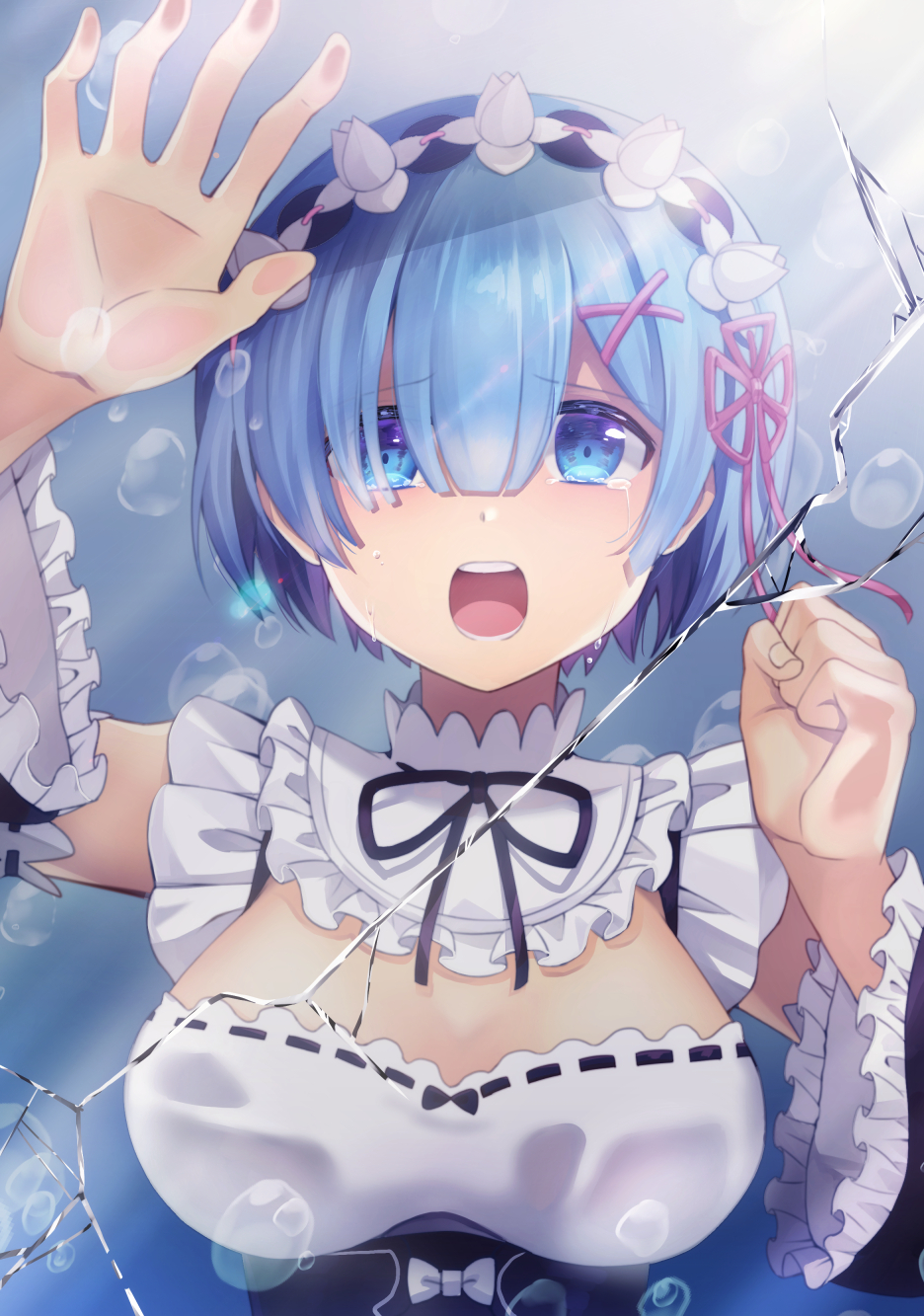 1girl against_glass bangs black_ribbon blue_eyes blue_hair bow breast_press breasts broken_glass collar dress eyebrows_visible_through_hair flower_knot frilled_collar frilled_dress frilled_sleeves frills glass hair_ornament hair_over_one_eye hair_ribbon highres large_breasts long_sleeves looking_at_viewer lower_teeth maid maid_headdress mongble neck_ribbon open_mouth re:zero_kara_hajimeru_isekai_seikatsu rem_(re:zero) ribbon ribbon-trimmed_dress short_hair solo tears teeth upper_body upper_teeth water white_bow x_hair_ornament