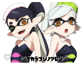 2girls accio aori_(splatoon) artist_request bare_shoulders black_hair check_artist collar domino_mask earrings hair_ornament hotaru_(splatoon) jewelry looking_at_viewer lowres mask mole mole_under_eye multiple_girls open_mouth source_request splatoon_(series) translation_request upper_body white_hair yellow_eyes