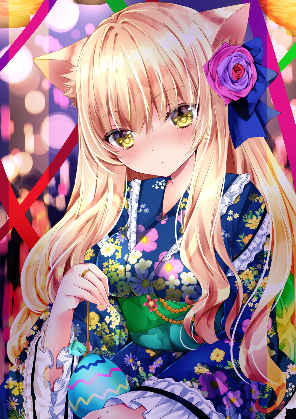 1girl :&lt; bangs blonde_hair blue_bow blue_kimono blush bow breasts closed_mouth commentary_request eyebrows_visible_through_hair floral_print flower frilled_sleeves frills hair_between_eyes hair_bow hair_flower hair_ornament highres holding japanese_clothes kimono long_hair long_sleeves looking_at_viewer medium_breasts nanase_kureha nanase_nao obi original pink_flower pink_rose print_kimono purple_flower purple_rose red_flower red_rose rose sash solo upper_body very_long_hair wide_sleeves yellow_eyes