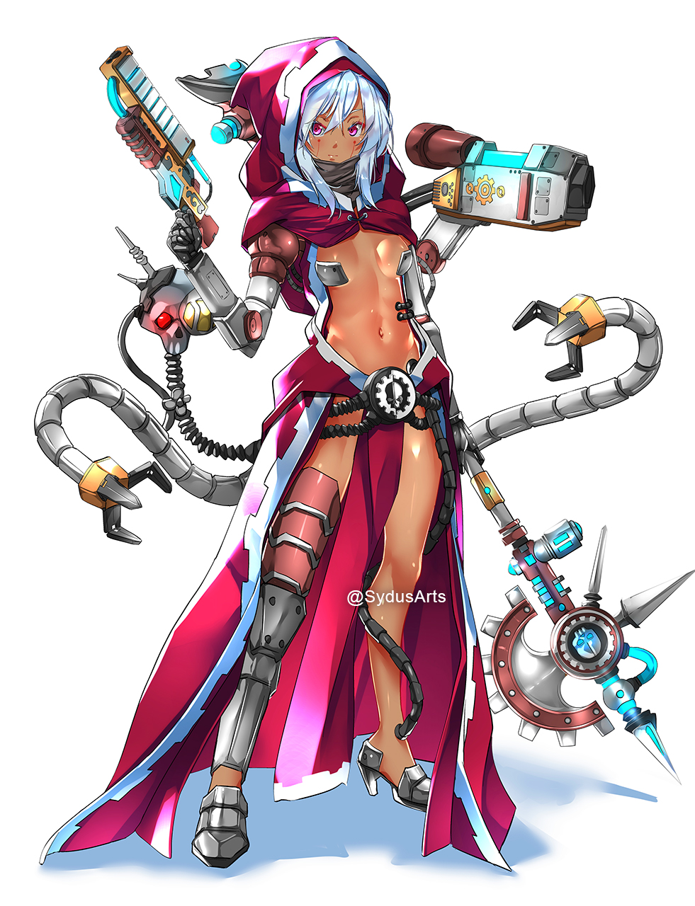 1girl adeptus_mechanicus asymmetrical_clothes breasts english_commentary expressionless extra_arms full_body gun handgun highres hood hood_up looking_at_viewer mechanical_arm navel prosthesis prosthetic_arm shiny shiny_skin small_breasts solo sydus tube violet_eyes warhammer_40k weapon white_background white_hair