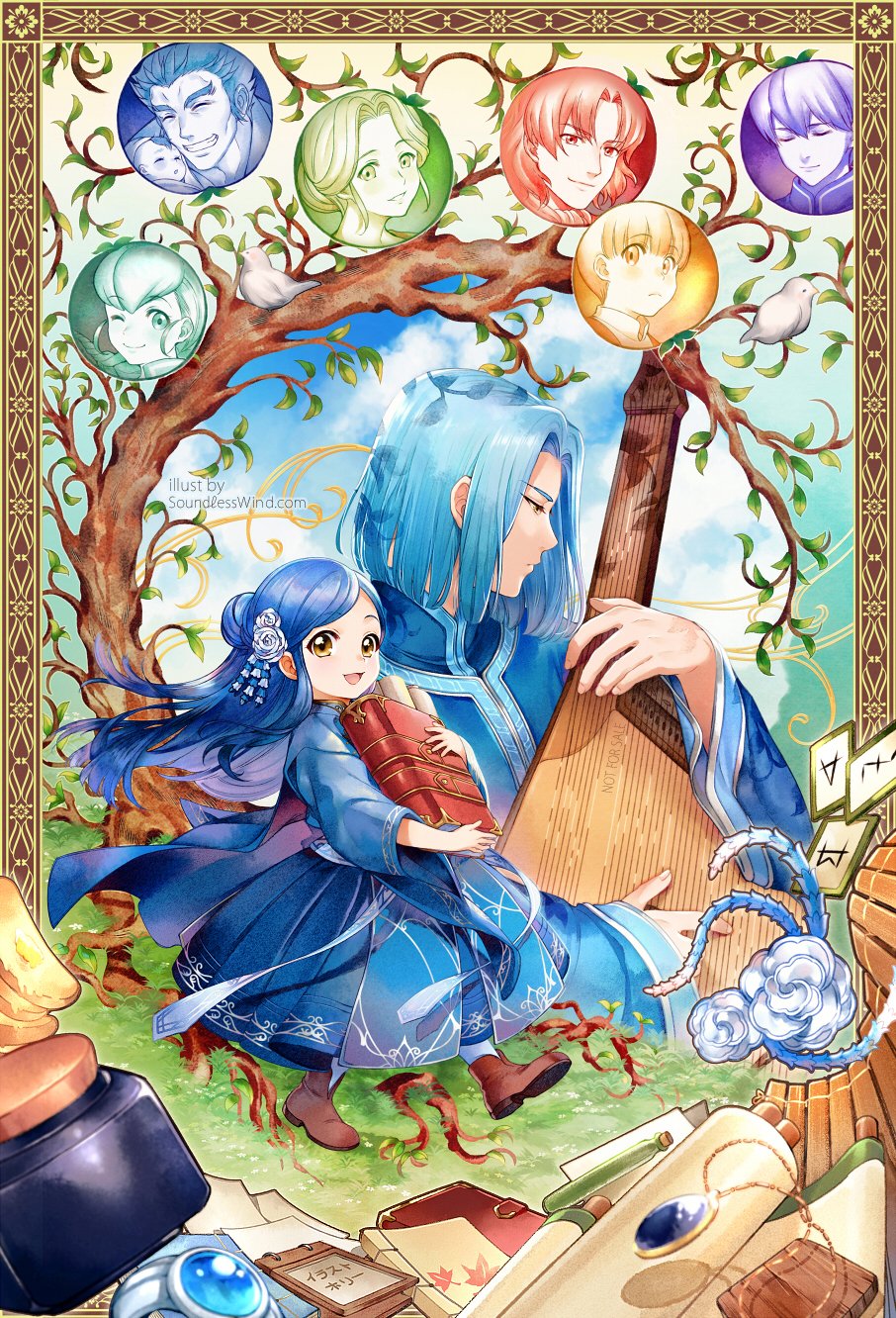 1boy 1girl :d animal artist_name baby bird blue_cape blue_dress blue_hair blue_legwear book boots border brown_footwear cape character_request closed_mouth commentary_request copyright_request day dress eyebrows_visible_through_hair flower hair_bun hair_flower hair_ornament highres holding holding_book holding_instrument instrument kaze-hime long_hair long_sleeves medium_hair open_mouth smile tree walking yellow_eyes