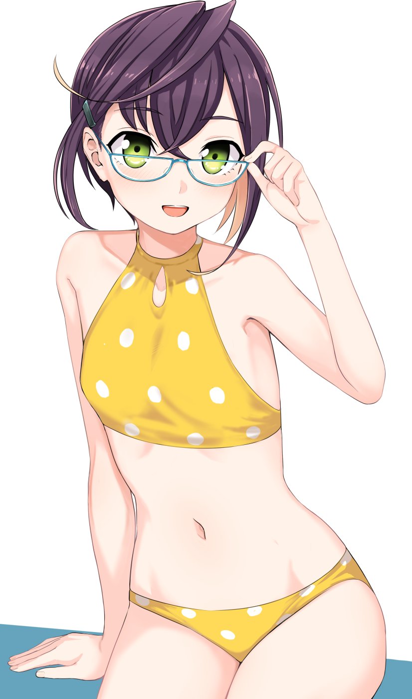 1girl bare_arms bare_shoulders bikini collarbone commentary_request cowboy_shot eyebrows_visible_through_hair glasses green_eyes hair_ornament hairclip highres kantai_collection kumadano looking_at_viewer navel okinami_(kantai_collection) open_mouth polka_dot purple_hair short_hair simple_background smile solo swimsuit white_background