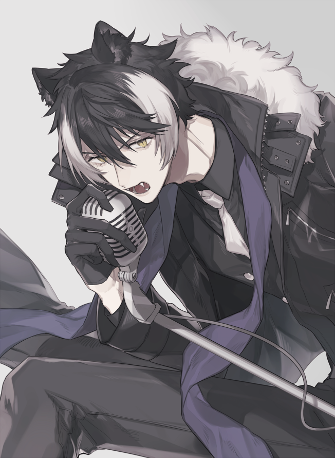 1boy animal_ears black_coat black_gloves black_hair buttons coat fangs fur_trim gloves holding holding_microphone holostars jackal_ears jacket kageyama_shien long_sleeves looking_at_viewer male_focus microphone multicolored_hair music necktie nr_hlst open_mouth purple_scarf scarf short_hair simple_background singing solo standing streaked_hair upper_body virtual_youtuber white_hair white_neckwear yellow_eyes zipper