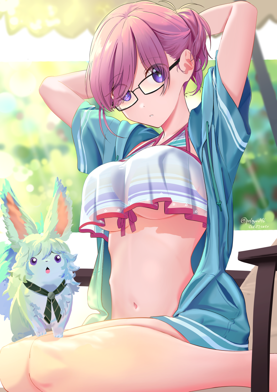1girl 2020 animal arms_up artist_name bikini blurry blurry_background breasts commentary_request dated day eyebrows_visible_through_hair eyes_visible_through_hair fate/grand_order fate_(series) fou_(fate/grand_order) glasses highres looking_at_viewer mash_kyrielight midriff outdoors pink_hair poligon_(046) ponytail see-through sitting solo stomach swimsuit twitter_username under_boob violet_eyes watermark