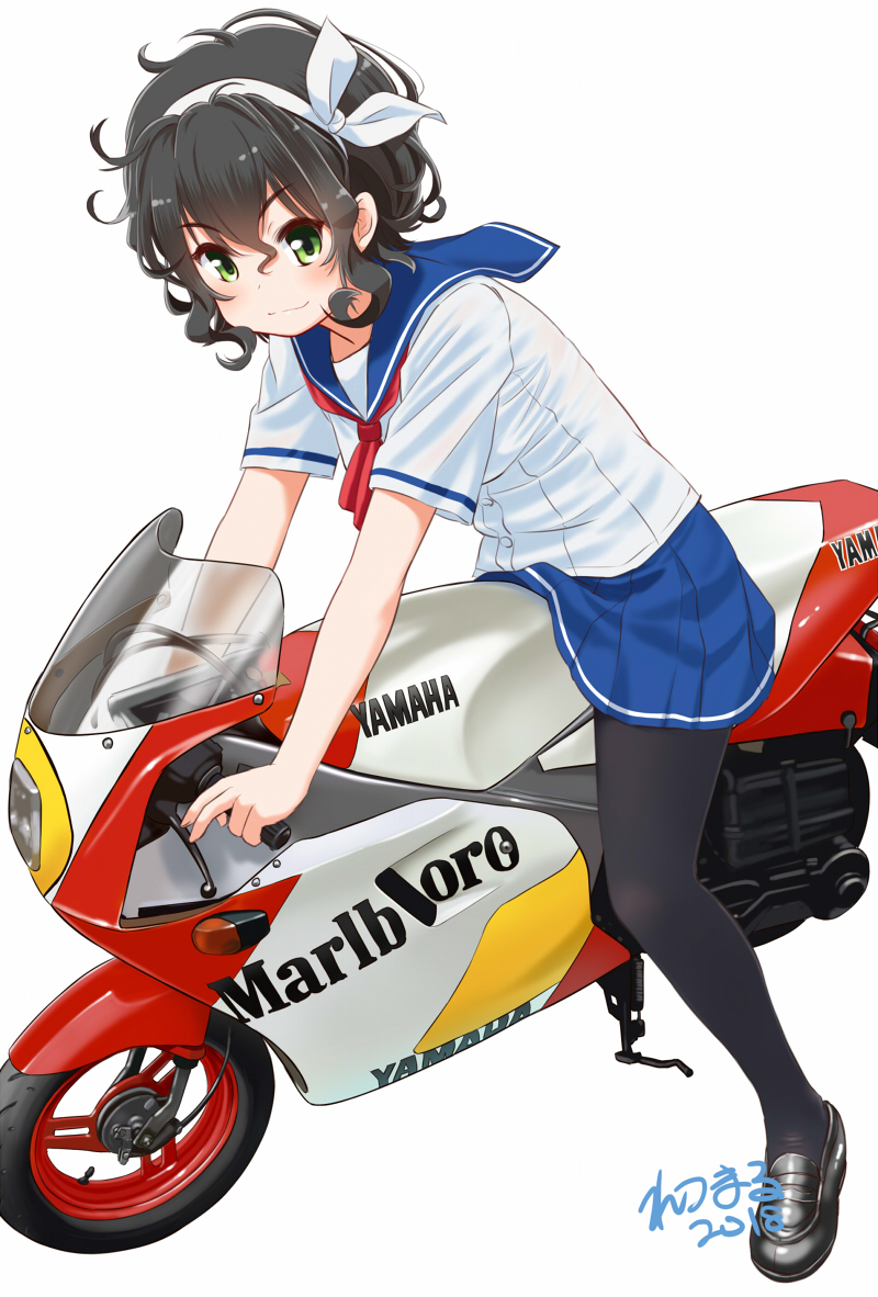 1girl amano_onsa artist_name bakuon!! bangs black_footwear black_hair black_legwear blouse blue_sailor_collar blue_skirt closed_mouth commentary_request curly_hair dated green_eyes ground_vehicle hair_ribbon leaning_forward loafers logo looking_at_viewer marlboro miniskirt motor_vehicle motorcycle neckerchief pantyhose pleated_skirt red_neckwear retsumaru ribbon sailor_collar school_uniform serafuku shoes short_hair short_sleeves signature simple_background single_horizontal_stripe sitting skirt smile solo vehicle_request white_background white_blouse white_ribbon yamaha