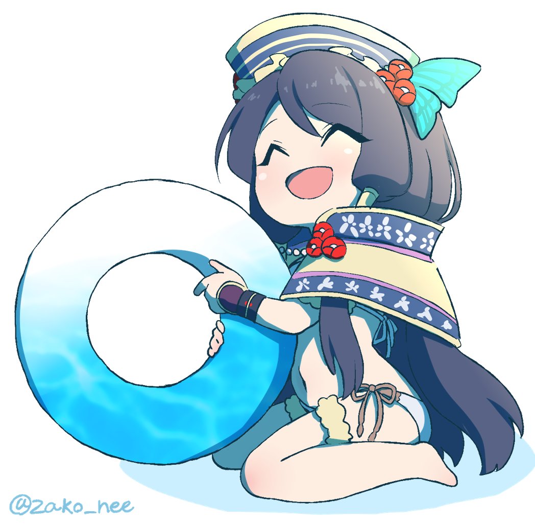 1girl ^_^ bikini black_hair capelet chibi chinese_clothes closed_eyes dan_fei gradient hair_ornament hat holding innertube long_hair navel open_mouth side-tie_bikini sitting smile solo swimsuit thigh_strap thunderbolt_fantasy twitter_username zako_nee