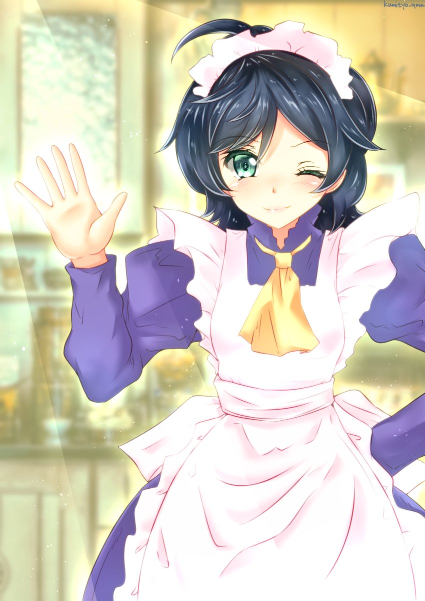 1girl ahoge alternate_costume apron ascot bangs black_hair blurry commentary_request cowboy_shot depth_of_field dress enmaided frilled_apron frills green_eyes hand_on_hip highres kantai_collection kumichou_(nakasato-gumi) looking_at_viewer maid maid_headdress matsukaze_(kantai_collection) purple_dress short_hair smile solo swept_bangs wavy_hair white_apron yellow_neckwear