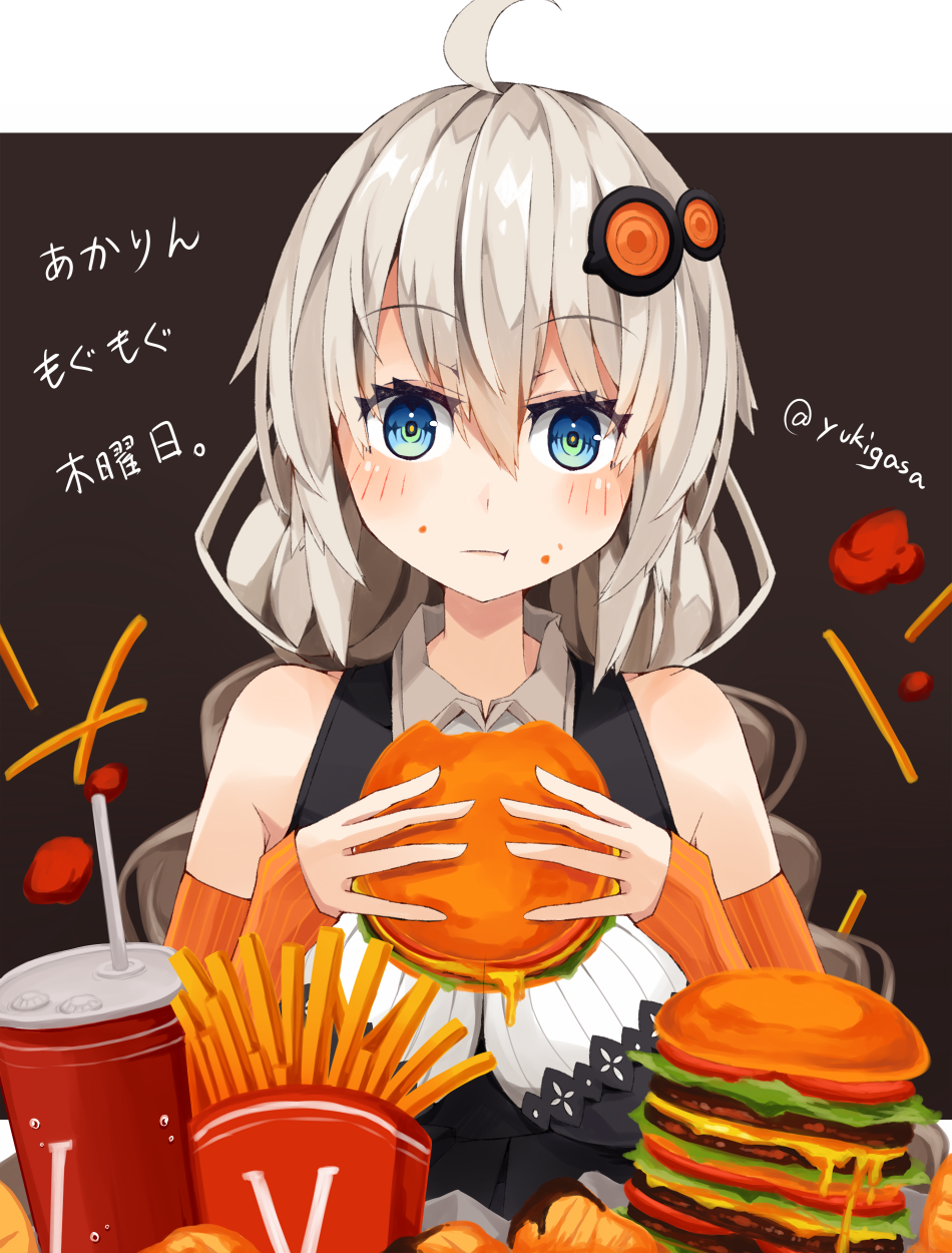 1girl black_dress blue_eyes braid breasts commentary cup disposable_cup dress drinking_straw eating elbow_gloves fingerless_gloves food french_fries gloves grey_hair hamburger highres holding holding_food kizuna_akari large_breasts long_hair looking_at_viewer orange_gloves ringed_eyes sleeveless sleeveless_dress solo translated twin_braids upper_body voiceroid yukikasa