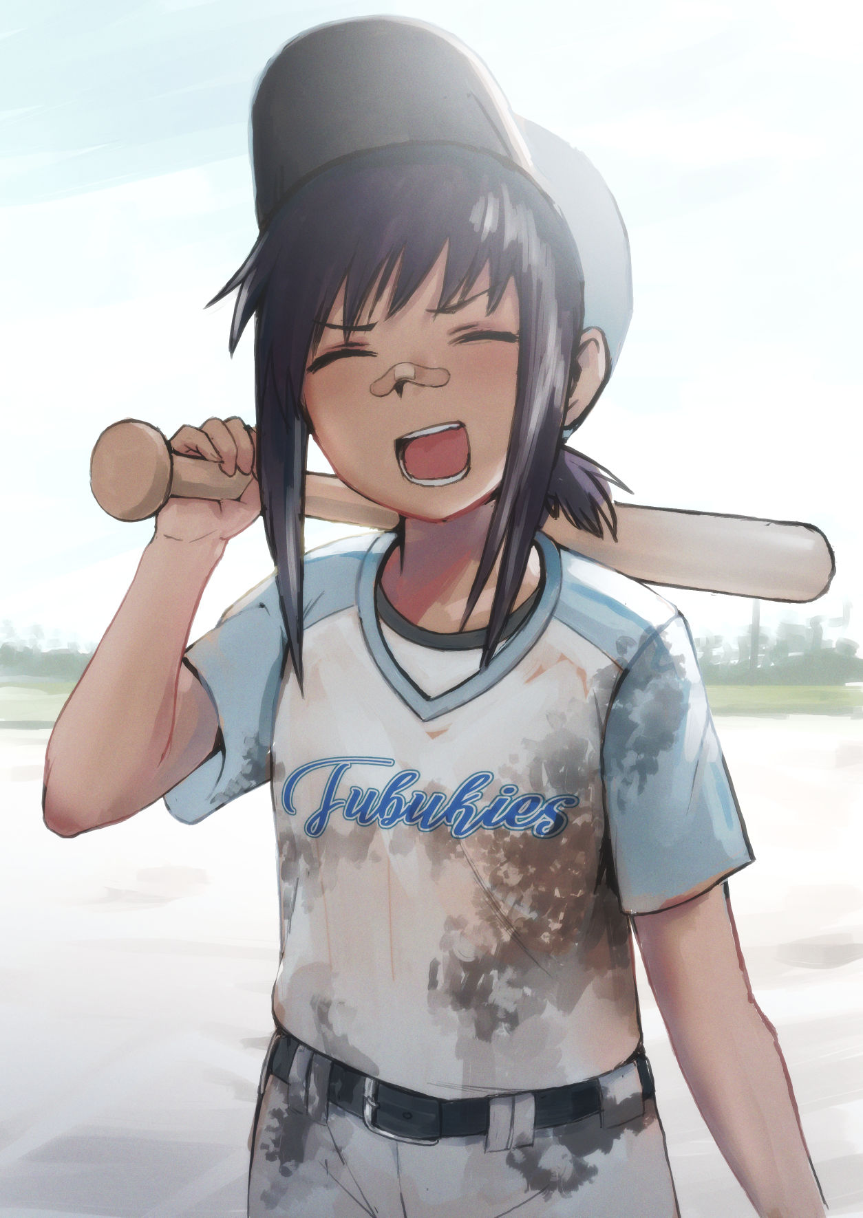 1girl alternate_costume bandaid bandaid_on_nose bangs baseball_bat baseball_cap baseball_uniform belt black_belt black_hair blush closed_eyes clothes_writing day dirty dirty_clothes fubuki_(kantai_collection) hat highres holding kantai_collection low_ponytail open_mouth outdoors pants ponytail sakieko shirt short_ponytail short_sleeves solo sportswear