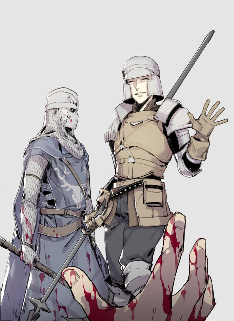 2boys =_= armor armored_boots axe belt black_pants blood bloody_clothes bloody_hands boots brown_gloves chainmail creighton_of_mirrah dark_souls_ii dying feet_out_of_frame gloves grey_background grin helmet holding holding_axe holding_spear holding_weapon hood krab looking_at_viewer looking_down male_focus mask mild_mannered_pate multiple_boys open_mouth pants pauldrons polearm pouch pov pov_hands short_hair shoulder_armor simple_background smile souls_(from_software) spear surcoat waving weapon white_hair