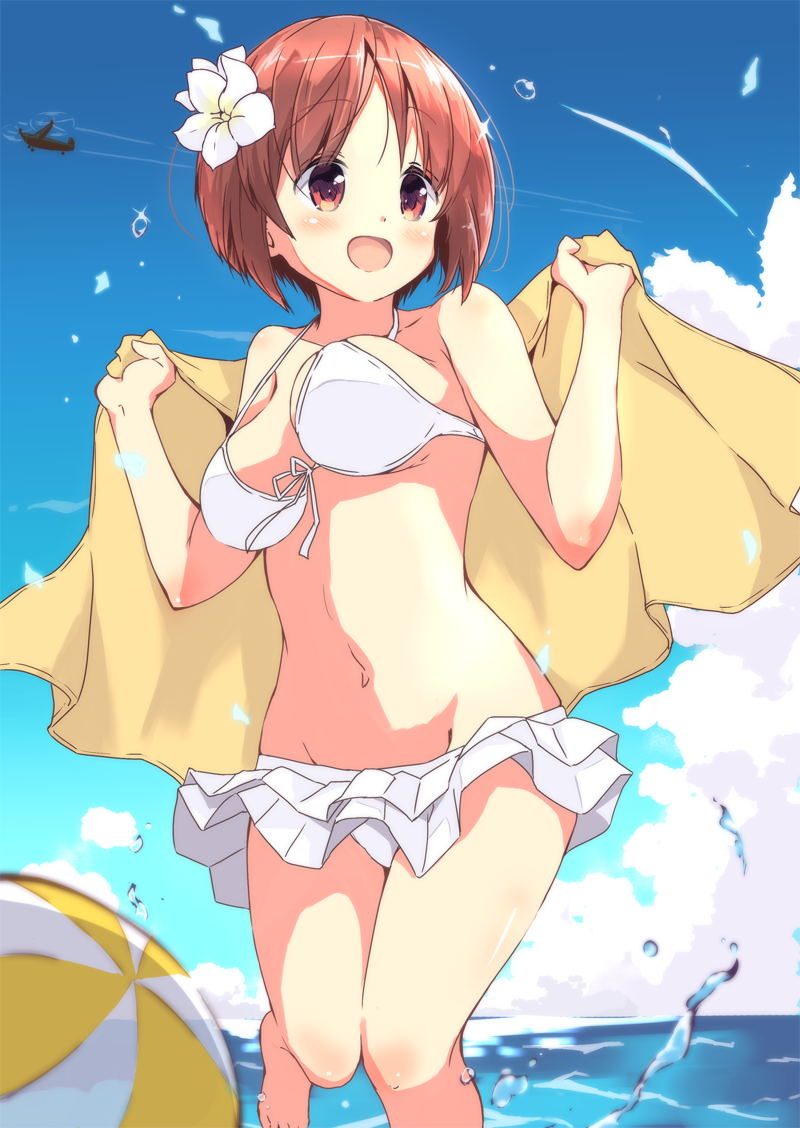 1girl :d bangs bikini bikini_skirt blue_sky blurry blurry_foreground breasts brown_eyes brown_hair clouds cloudy_sky condensation_trail day depth_of_field droplet eyebrows_visible_through_hair fa_223_drache flower front-tie_bikini front-tie_top girls_und_panzer groin hair_flower hair_ornament holding holding_towel looking_to_the_side medium_breasts navel nishizumi_miho ocean open_mouth outdoors short_hair skirt sky smile solo sparkle standing standing_on_one_leg swimsuit tom_q_(tomtoq) towel wading white_bikini white_flower white_skirt