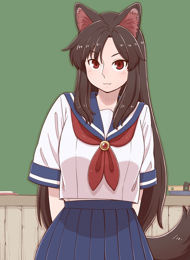 1girl animal_ears arms_behind_back blue_skirt brown_hair chalkboard commentary_request eyebrows_visible_through_hair imaizumi_kagerou long_hair looking_at_viewer older poronegi red_eyes sailor_collar school_uniform short_sleeves skirt smile solo tail touhou wolf_ears wolf_tail