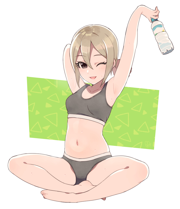 1girl armpits arms_up bare_legs blonde_hair bottle brown_eyes holding idolmaster idolmaster_cinderella_girls indian_style looking_at_viewer moyori one_eye_closed shiomi_shuuko short_hair sitting smile solo sports_bra sportswear sweat underwear water_bottle