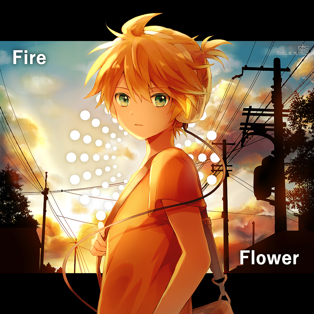 1boy bag blonde_hair blue_eyes carrying_bag clouds commentary fire_flower_(vocaloid) from_side hana_(mew) headphones kagamine_len looking_at_viewer looking_to_the_side male_focus outdoors parted_lips short_ponytail short_sleeves shoulder_bag silhouette solo song_name spiky_hair tree twilight upper_body utility_pole vocaloid