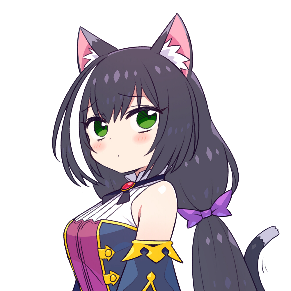 1girl animal_ears bangs bare_shoulders black_hair black_neckwear black_ribbon blush bow cat_ears cat_girl cat_tail chan_co closed_mouth detached_sleeves eyebrows_visible_through_hair green_eyes hair_bow karyl_(princess_connect!) long_hair looking_at_viewer low_twintails motion_lines multicolored multicolored_clothes multicolored_hair neck_ribbon princess_connect! princess_connect!_re:dive purple_bow ribbon solo streaked_hair tail tail_ribbon twintails two-tone_hair upper_body very_long_hair white_hair