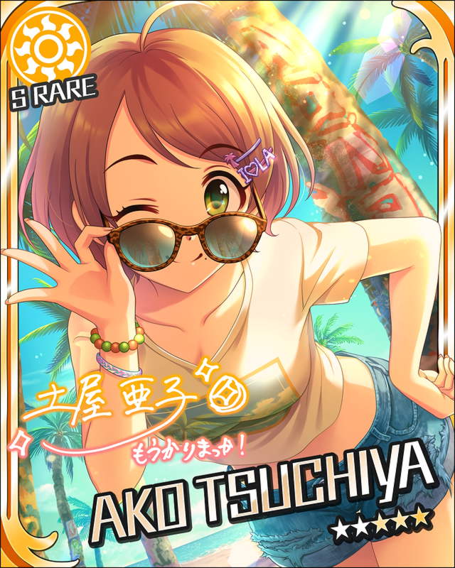 blush brown_hair character_name dress green_eyes idolmaster idolmaster_cinderella_girls short_hair stars sunglasses tsuchiya_ako