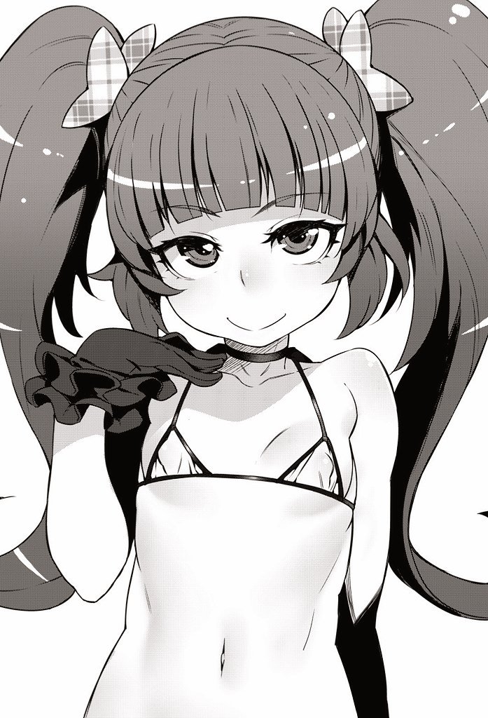 1girl bare_shoulders bikini character_request choker closed_mouth flat_chest gloves greyscale hair_ornament hand_up looking_at_viewer micro_bikini monochrome navel precure smile solo swimsuit tasaka_shinnosuke twintails unmoving_pattern upper_body